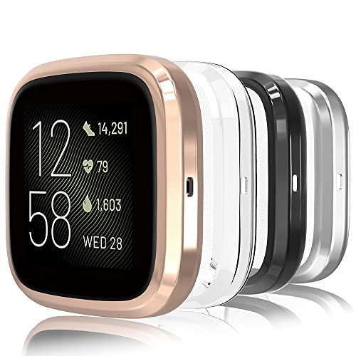 Hianjoo Hülle Kompatibel mit Fitbit Versa 2, TPU Silikon Schutzhülle mit Metallische Beschichtung Kompatibel mit Fitbit Versa 2 - Transparentes+Schwarz+Silber+Roségold [4-Stück] von Hianjoo