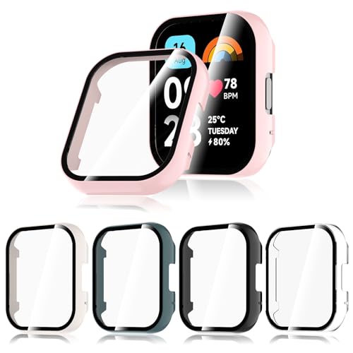 Hianjoo Hülle Kompatibel mit Xiaomi Redmi Watch 3 Active, Rundum PC Schutzhülle und Displayschutz, Schutzfolie Kompatibel mit Xiaomi Redmi Watch 3 Lite - [5 Stück] Klar+Schwarz+Weiss+Rosa+Grün von Hianjoo