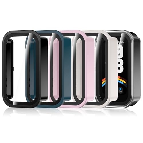 Hianjoo Hülle Kompatibel mit Xiaomi Smart Band 9 Active, Rundum PC Schutzhülle und Displayschutz, Schutzfolie Kompatibel mit Xiaomi Band 9 Active - [5 Stück] Klar+Schwarz+Weiss+Rosa+Grün von Hianjoo