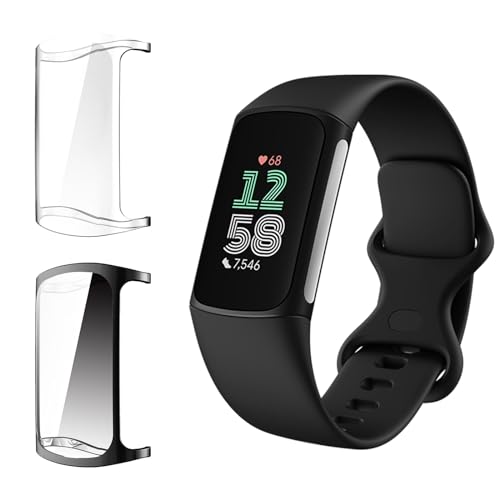 HidWee Hülle Kompatibel mit Fitbit Charge 6 Schutzhülle, 360 Grad Rundum Stoßfeste Schutzhülle, Kratzfeste Ultra Dünne Weiche Silikon TPU Cover - Transparente + Schwarz von HidWee
