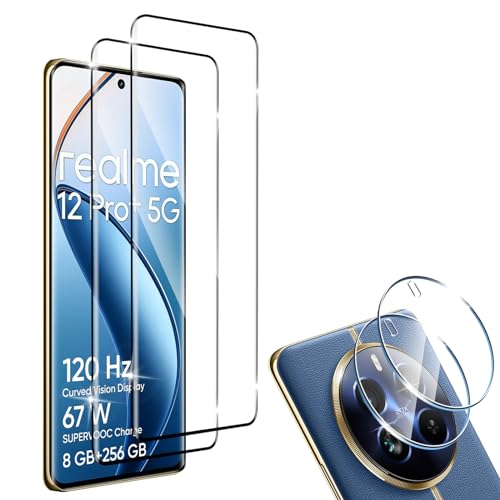 HidWee Schutzfolie kompatibel mit Realme 12 Pro Plus für Panzerglas, 2 Stück 3D Schutzglas & 2 Stück Kamera Panzerfolie, 9H Härte Anti-Kratzer Panzer Schutz Glas, HD Displayschutzfolie von HidWee