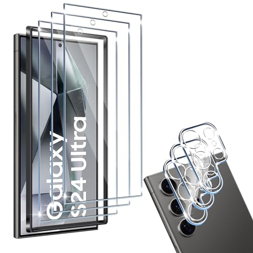HidWee Schutzfolie kompatibel mit Samsung Galaxy S24 Ultra für Panzerglas mit Rahmen Positionierhilfe, 3 Stück Displayschutzfolie & 3 Stück Kameraschutz, 9H Härte Anti-Kratzer HD Panzerfolie von HidWee