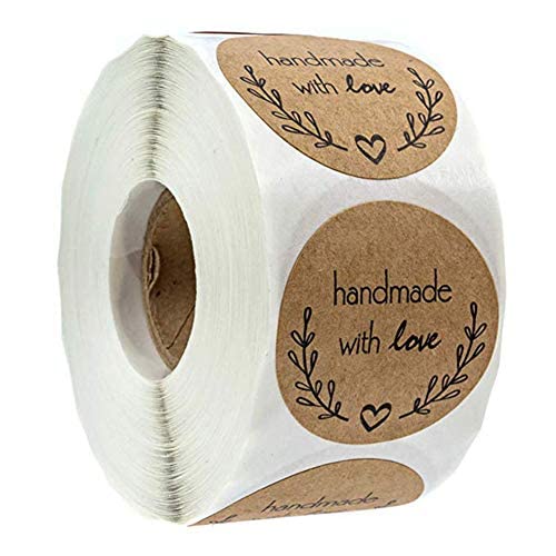 Hidyliu 500 Stück Cartoon Handarbeit, Kraftpapier Aufkleber, 5cm Aufkleber Etiketten Rund Selbstklebend mit Liebe Runde Back-Aufkleber selbstklebend Etikett Dekoration für selbstgemachte Geschenke von Hidyliu