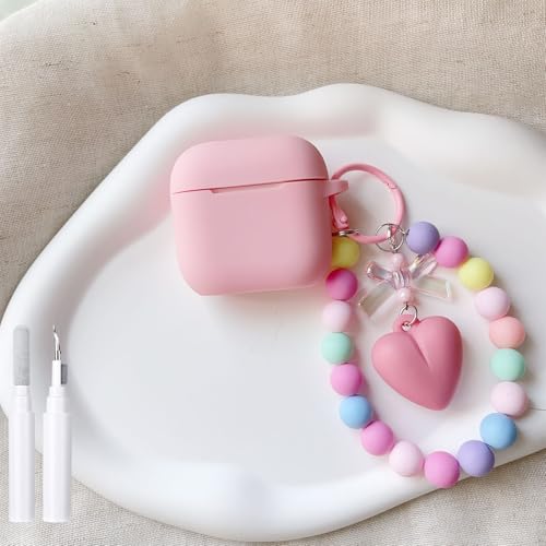 Hidysfas Kompatibel mit AirPods 4 Hülle 2024, weiches Flüssigsilikon, weiche Hülle mit niedlichem Herz, buntes Schlüsselanhänger, für Mädchen und Frauen, Airpods 4. Generation, Rosa von Hidysfas