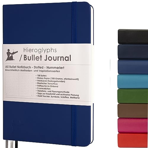 Bullet Journal - Dotted Notizbuch A5 - mit Methode - 189 Nummerierte Seiten, Falttasche, 3 Lesezeichen, Verschlussgummi - 100g/m² Papier - von Hieroglyphs (Dunkelblau) von Hieroglyphs Bullet Journal