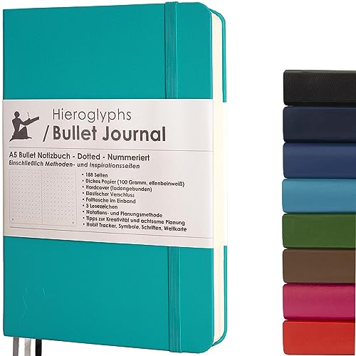 Bullet Journal - Dotted Notizbuch A5 - mit Methode - 189 Nummerierte Seiten, Falttasche, 3 Lesezeichen, Verschlussgummi - 100g/m² Papier - von Hieroglyphs (Hellblau) von Hieroglyphs Bullet Journal