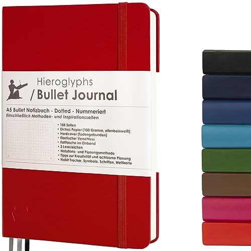 Bullet Journal - Dotted Notizbuch A5 - mit System - 189 Nummerierte Seiten, Falttasche, 3 Lesezeichen, Verschlussgummi - 100g/m² Papier - von Hieroglyphs (Zinnoberrot) von Hieroglyphs Bullet Journal