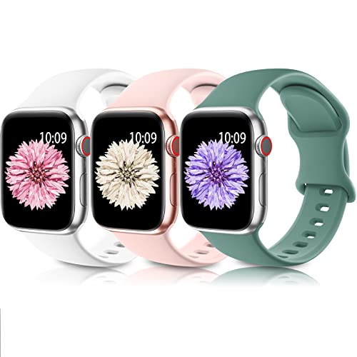 Higgs 3 Stück Armbänder kompatibel mit Apple Watch Armband 38 mm 40 mm 41 mm für Damen und Herren, weiches Silikon Sport Ersatzarmband für iWatch Serie 8 7 6 SE 5 4 3 2 1, Kieferngrün/Weiß/Rosa Sand von Higgs