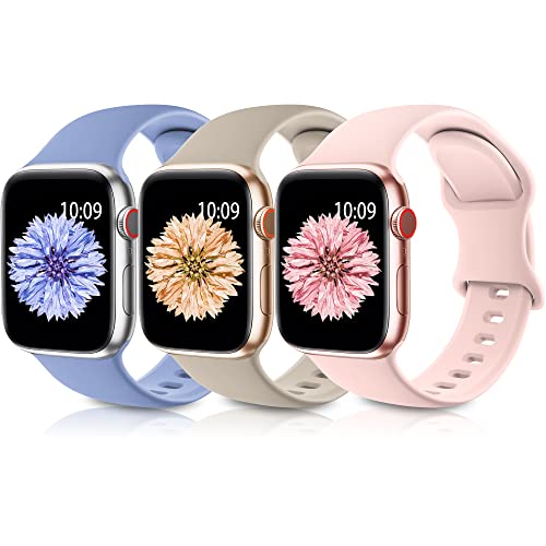 Higgs 3 Stück Ersatzarmband Kompatibel mit Apple Watch Armband 41mm 40mm 38mm für Damen und Herren, Weich Silikon Sport Armbänder für iWatch Series 8 7 6 SE 5 4 3 2 1, Lavendel Grau/Rosa Sand/Stein von Higgs