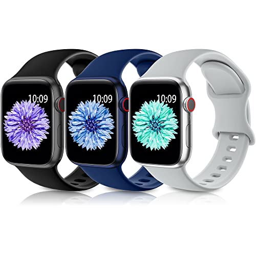 Higgs 3 Stück Ersatzarmband Kompatibel mit Apple Watch Armband 41mm 40mm 38mm für Damen und Herren, Weich Silikon Sport Armbänder für iWatch Series 8 7 6 SE 5 4 3 2 1, Schwarz/Grau/Navy Blau von Higgs