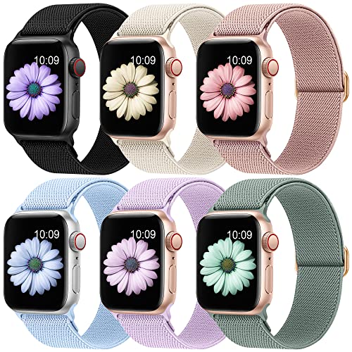 Higgs 6 Stück Ersatzarmband Kompatibel mit Apple Watch Armband 38mm 40mm 41mm für Damen/Herren, Nylon Solo Loop Elastisch Stoff Sport Armbänder für iWatch Series 9 8 SE 7 6 5 4 3 2 1, Dehnbar von Higgs