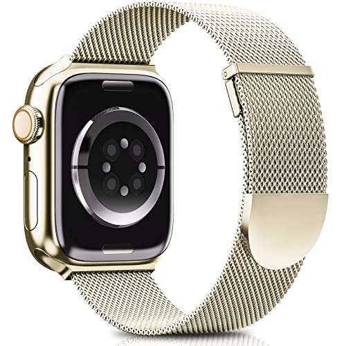 Higgs Armband Kompatibel mit Apple Watch Armband 45mm 44mm 42mm für Damen/Herren, Dual Magnet Einstellbar Armbänder für iWatch Series 9 8 7 6 SE 5 4 3 2 1, Champagner Gold Edelstahl Metall von Higgs