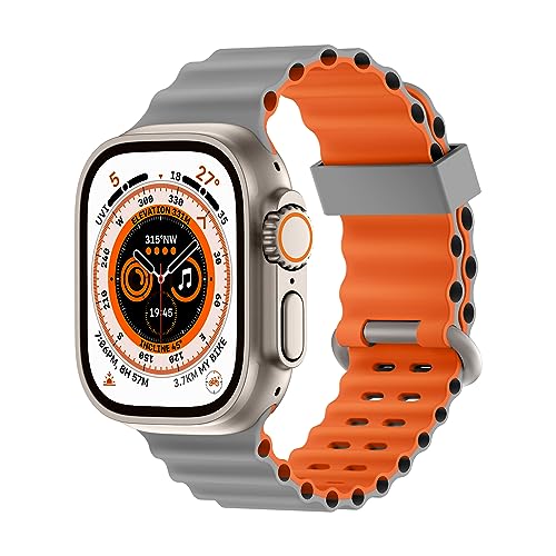 Higgs Armband Kompatibel mit Apple Watch Armband Ultra/Ultra 2 49mm 45mm 44mm 42mm Damen/Herren, Zweifarbige Perforation Silikon Sport Armbänder für iWatch Series 9 8 7 SE 6 5 4 3 2 1, Grau Orange von Higgs