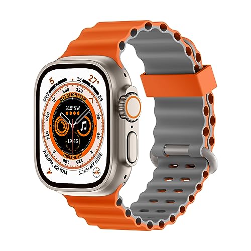 Higgs Armband Kompatibel mit Apple Watch Armband Ultra/Ultra 2 49mm 45mm 44mm 42mm Damen/Herren, Zweifarbige Perforation Silikon Sport Armbänder für iWatch Series 9 8 7 SE 6 5 4 3 2 1, Orange Grau von Higgs