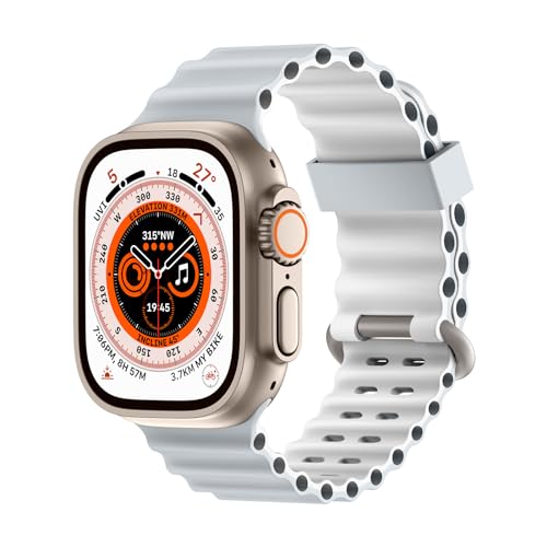 Higgs Armband Kompatibel mit Apple Watch Armband Ultra/Ultra 2 49mm 45mm 44mm 42mm Damen/Herren, Zweifarbige Perforation Silikon Sport Armbänder für iWatch Series 9 8 7 SE 6 5 4 3 2 1, Pure Platinum von Higgs