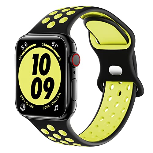 Higgs Armband Kompatibel mit Apple Watch Ultra/Ultra 2 Armband 49mm 44mm 45mm 42mm Damen/Herren, Zweifarbige Perforation Silikon Sport Armbänder für iWatch Series 9 8 7 6 SE 5 4 3, Schwarz Grün Lime von Higgs