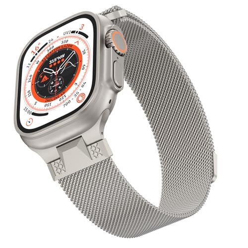 Higgs Armband Kompatibel mit Apple Watch Ultra/Ultra 2 Armband 49mm 45mm 44mm 42mm Damen/Herren, Magnetisch Einstellbar Armbänder für iWatch Series 9 8 7 6 SE 5 4 3 2 1, Titan Natur Edelstahl Metall von Higgs