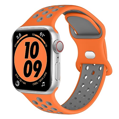 Higgs Armband Kompatibel mit Apple Watch Ultra/Ultra 2 Armband 49mm 45mm 44mm 42mm Damen/Herren, Zweifarbige Perforation Silikon Sport Armbänder für iWatch Series 9 8 7 6 SE 5 4 3 2 1, Orange Grau von Higgs