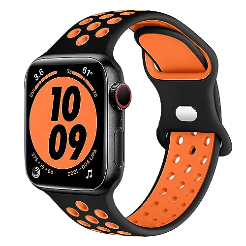 Higgs Armband Kompatibel mit Apple Watch Ultra/Ultra 2 Armband 49mm 45mm 44mm 42mm Damen/Herren, Zweifarbige Perforation Silikon Sport Armbänder für iWatch Series 9 8 7 6 SE 5 4 3 2 1, Schwarz Orange von Higgs