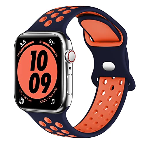 Higgs Ersatzarmband Kompatibel mit Apple Watch Armband 40mm 41mm 38mm für Damen/Herren, Zweifarbige Perforation Weich Silikon Sport Armbänder für iWatch Series 9 8 7 6 SE 5 4 3 2 1, Blau Orange von Higgs