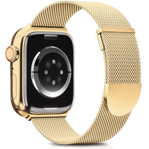 Higgs Ersatzarmband Kompatibel mit Apple Watch Armband 44mm 45mm 42mm für Damen/Herren, Dual Magnetisch Einstellbar Armbänder für iWatch Series 9 8 7 6 SE 5 4 3 2 1, Gold Glattes Edelstahl Metall von Higgs