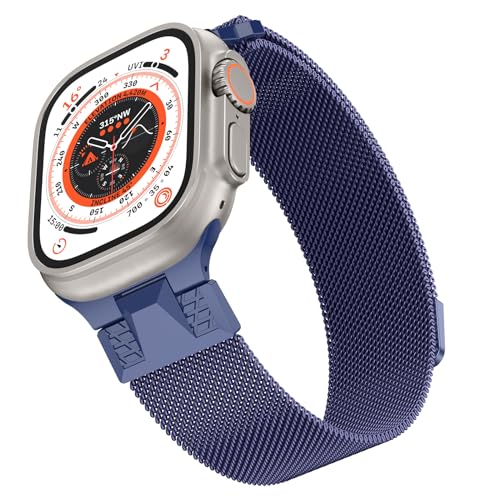 Higgs Ersatzarmband Kompatibel mit Apple Watch Ultra/Ultra 2 Armband 49mm 45mm 44mm 42mm Damen/Herren, Magnetisch Einstellbar Armbänder für iWatch Series 9 8 7 6 SE 5 4 3 2 1, Blau Edelstahl Metall von Higgs