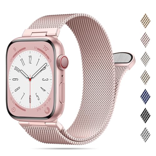 Higgs Milanaise Armband Kompatibel mit Apple Watch Ultra 2/Ultra Armband 49mm 45mm 44mm 42mm 41mm 40mm 38mm Damen Herren, Edelstahl Metall Armbänder für iWatch Series 9 SE 8 7 6 5 4 3 2 1, RoséRosa von Higgs