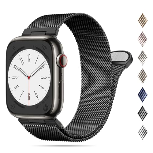 Higgs Milanaise Armband Kompatibel mit Apple Watch Ultra 2/Ultra Armband 49mm 45mm 44mm 42mm 41mm 40mm 38mm Damen Herren, Edelstahl Metall Armbänder für iWatch Series 9 SE 8 7 6 5 4 3 2 1, Schwarz von Higgs