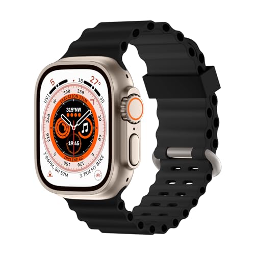 Higgs Ocean Ersatzarmband Kompatibel mit Apple Watch Armband Ultra/Ultra 2 49mm 45mm 44mm 42mm Damen/Herren, Silikon Sport Verstellbare Armbänder für iWatch Series 9 8 7 SE 6 5 4 3 2 1, Schwarz von Higgs