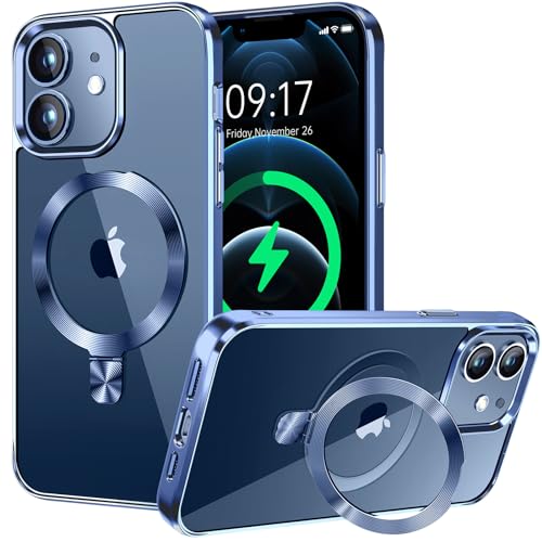 HighCover Hülle Magnetische für iPhone 12 Mini 5,4" [Unsichtbar Ständer für MagSafe] [TPU-Rand Elektrobeschichtet] [CD-Ring Winkelverstellbar] Militärschutz Stoßfest Transparente Hülle, Titan Blau von HighCover