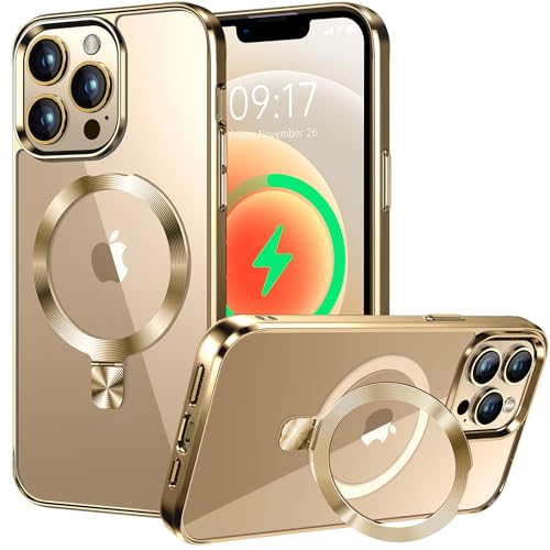 HighCover Hülle Magnetische für iPhone 12 Pro Max 6,7" [Unsichtbar Ständer für MagSafe] [TPU-Rand Elektrobeschichtet] [CD-Ring Winkelverstellbar] Militärschutz Stoßfest Transparente Hülle, Gold von HighCover