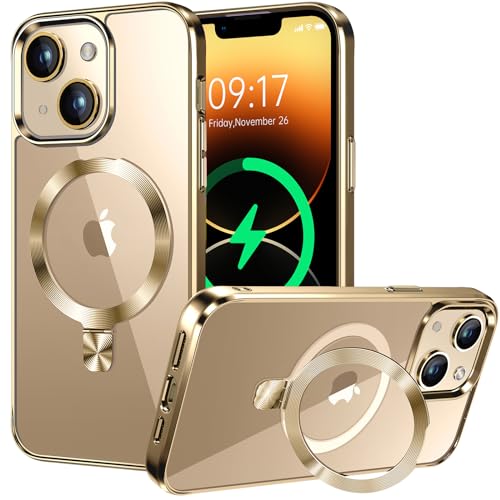 HighCover Hülle Magnetische für iPhone 13/14 6,1" [Unsichtbar Ständer für MagSafe] [TPU-Rand Elektrobeschichtet] [CD-Ring Winkelverstellbar] Militärschutz Stoßfest Transparente Hülle, Gold von HighCover