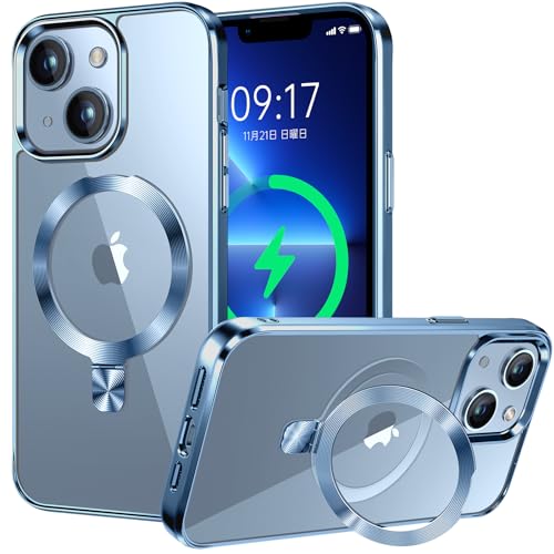 HighCover Hülle Magnetische für iPhone 13 Mini 5,4" [Unsichtbar Ständer für MagSafe] [TPU-Rand Elektrobeschichtet] [CD-Ring Winkelverstellbar] Militärschutz Stoßfest Transparente Hülle, Sierrablau von HighCover