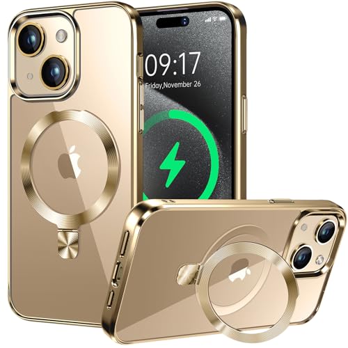 HighCover Hülle Magnetische für iPhone 15 6.1" [Unsichtbar Ständer für MagSafe] [TPU-Rand Elektrobeschichtet] [CD-Ring Winkelverstellbar] Militärschutz Stoßfest Transparente Hülle, Gold von HighCover