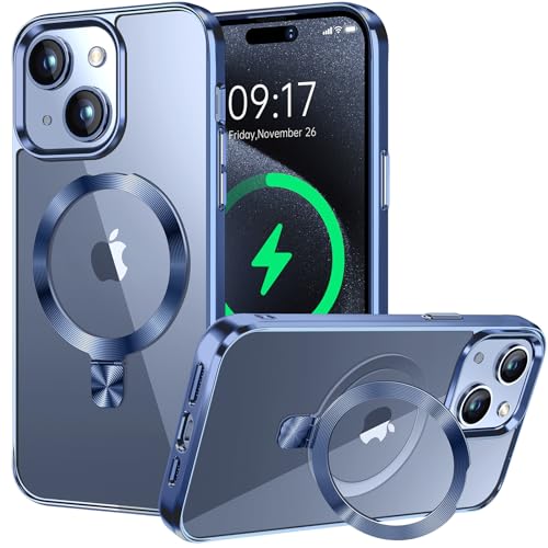 HighCover Hülle Magnetische für iPhone 15 Plus 6,7" [Unsichtbar Ständer für MagSafe] [TPU-Rand Elektrobeschichtet] [CD-Ring Winkelverstellbar] Militärschutz Stoßfest Transparente Hülle, Titan Blau von HighCover