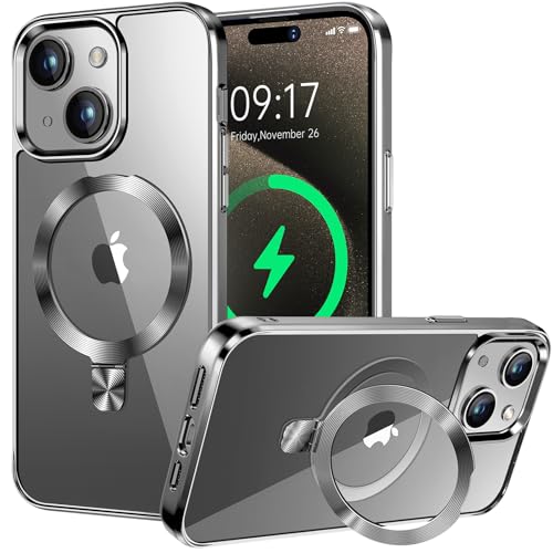 HighCover Hülle Magnetische für iPhone 15 Plus 6,7" [Unsichtbar Ständer für MagSafe] [TPU-Rand Elektrobeschichtet] [CD-Ring Winkelverstellbar] Militärschutz Stoßfest Transparente Hülle, Titan Natur von HighCover