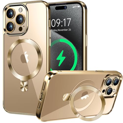 HighCover Hülle Magnetische für iPhone 15 Pro 6.1" [Unsichtbar Ständer für MagSafe] [TPU-Rand Elektrobeschichtet] [CD-Ring Winkelverstellbar] Militärschutz Stoßfest Transparente Hülle, Gold von HighCover