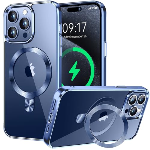 HighCover Hülle Magnetische für iPhone 15 Pro 6.1" [Unsichtbar Ständer für MagSafe] [TPU-Rand Elektrobeschichtet] [CD-Ring Winkelverstellbar] Militärschutz Stoßfest Transparente Hülle, Titan Blau von HighCover