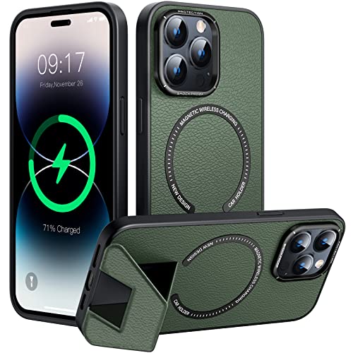 HighCover Hülle für iPhone 14, [Kompatibel mit Mag-Safe], [Magnetisches Kabelloses Laden], Stoßfeste Schutzhülle mit Ständer, Kratzfest & Anti-Vibration Case aus PU Leder-Grün von HighCover