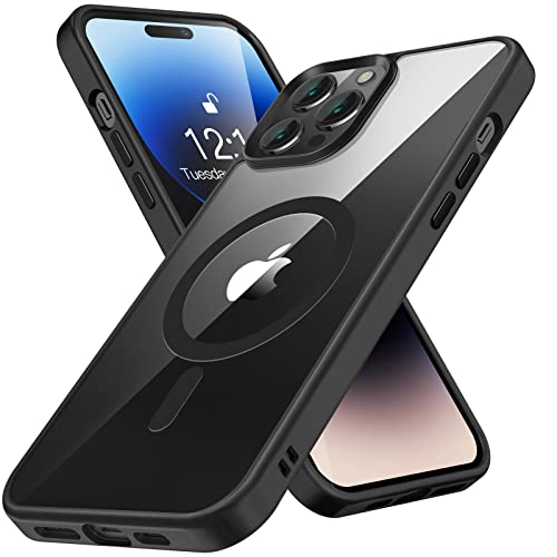 HighCover Transparente Magnetische Hülle Kompatibel mit iPhone 14 Pro 6,1" [Entwickelt für MagSafe] [Nie Vergilbung] [Unzerstörbarer Militärschutz] Flüssigsilikon + Hartes PC Stoßfeste, Schwarz von HighCover