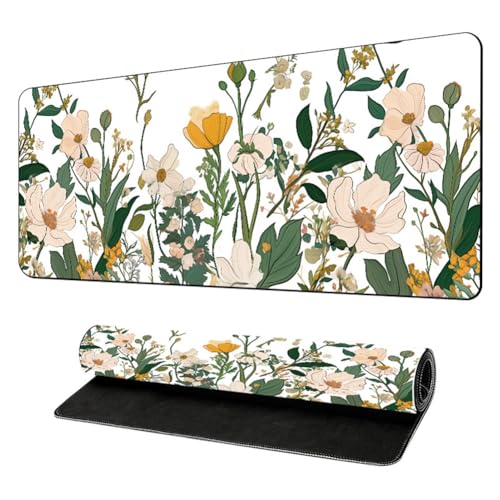 Highdi Anti-Rutsch Gaming Mauspad 3D Grüne Blätter Groß Mousepad mit Genähten Kanten Schreibtischunterlage Desk Mat für Büro, Tastatur, PC, Laptop (Nordische Blumen,300 * 800 * 2mm) von Highdi