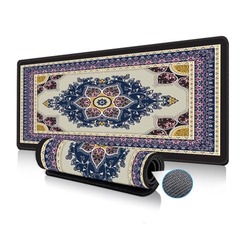 Highdi Gaming Mauspad Boho-Muster Mauspad Groß Mousepad Genähten Kanten und Anti Rutsch Großes Mauspad Schreibtischunterlage Desk Mat für Büro, Tastatur, PC, Laptop (Blaue Blume,400 * 900 * 3mm) von Highdi