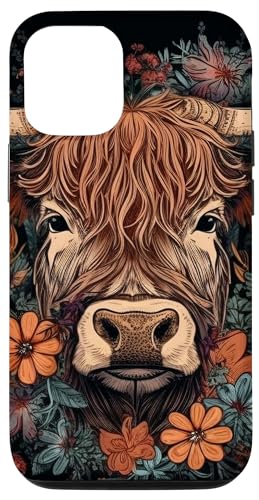 Hülle für iPhone 12/12 Pro Hochlandrinder Kuh mit Blumen rund um Boho Style Grafik von Highland Cattle Cow Merch