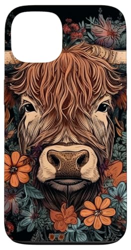 Hülle für iPhone 13 Hochlandrinder Kuh mit Blumen rund um Boho Style Grafik von Highland Cattle Cow Merch
