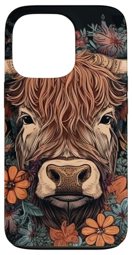 Hülle für iPhone 13 Pro Hochlandrinder Kuh mit Blumen rund um Boho Style Grafik von Highland Cattle Cow Merch