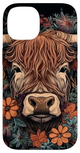 Hülle für iPhone 14 Hochlandrinder Kuh mit Blumen rund um Boho Style Grafik von Highland Cattle Cow Merch