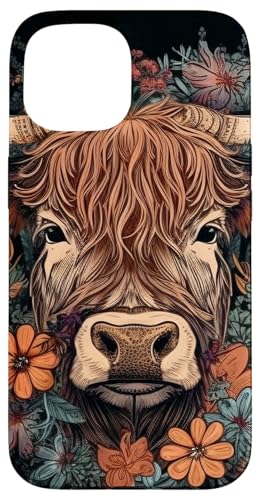 Hülle für iPhone 15 Hochlandrinder Kuh mit Blumen rund um Boho Style Grafik von Highland Cattle Cow Merch