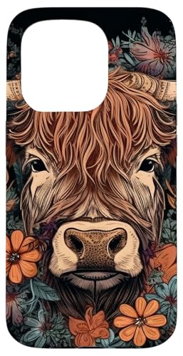 Hülle für iPhone 15 Pro Hochlandrinder Kuh mit Blumen rund um Boho Style Grafik von Highland Cattle Cow Merch