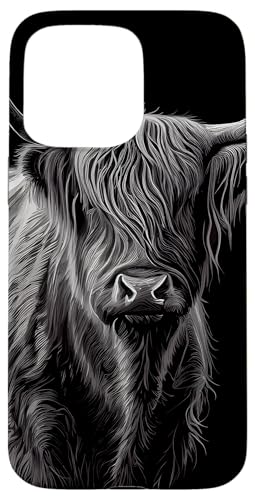 Hülle für iPhone 15 Pro Max Highland Cattle Cow Einfache Zeichnung Weiß und Schwarz Grafik von Highland Cattle Cow Merch