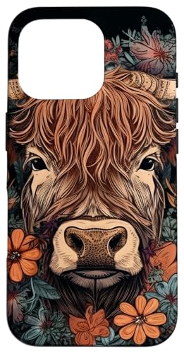 Hülle für iPhone 16 Pro Hochlandrinder Kuh mit Blumen rund um Boho Style Grafik von Highland Cattle Cow Merch